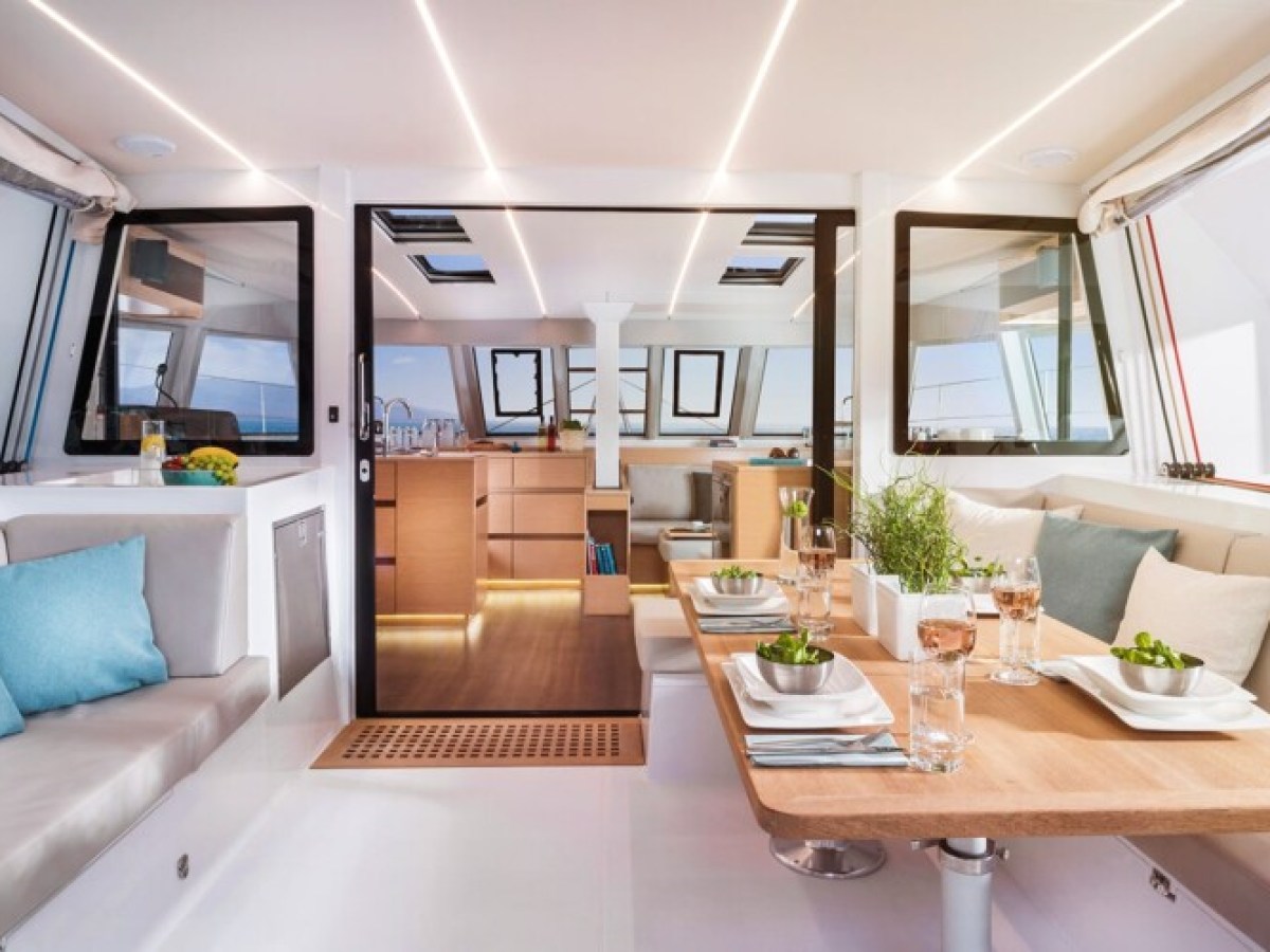 Dining area inside a catamaran