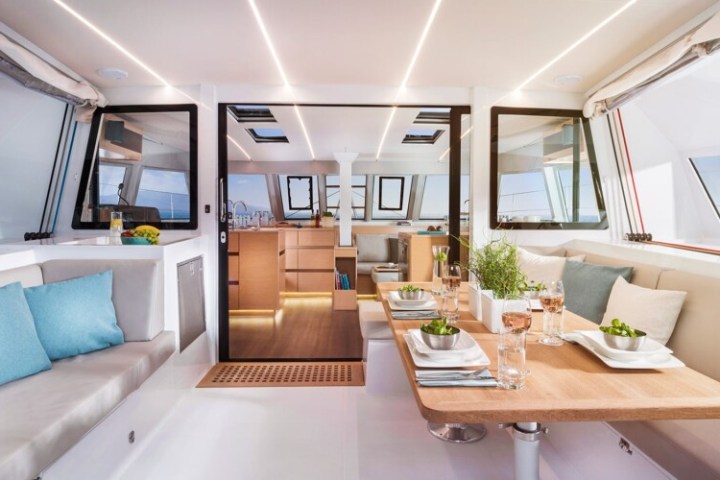 Dining area inside a catamaran