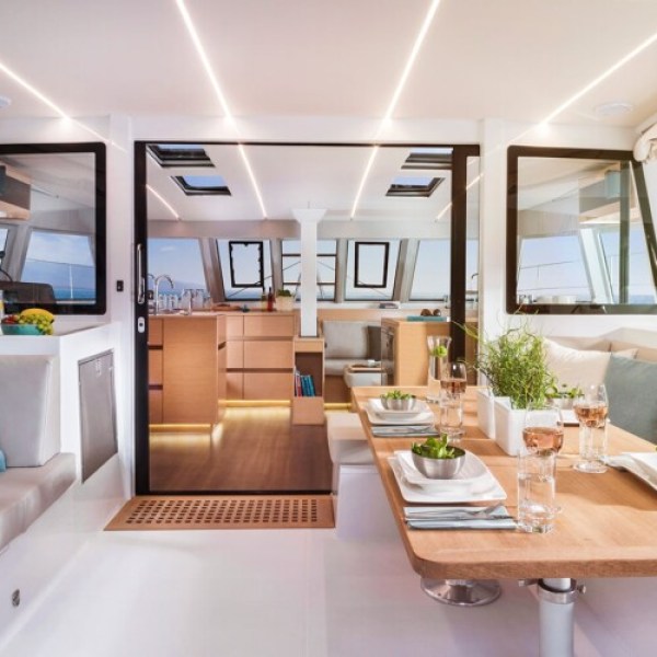 Dining area inside a catamaran