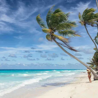 Woman stands on a tropical beach with leaning palm trees and blue sky.