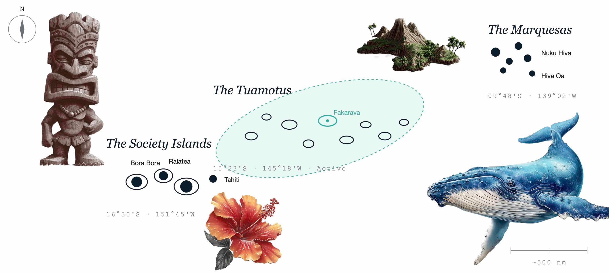 Illustrated map with islands, a tiki statue, hibiscus, and a whale.