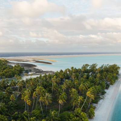 Tropical island with palm trees and blue ocean under cloudy sky.