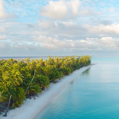 Aerial view of a tropical beach with palm trees and turquoise ocean under a partly cloudy sky.