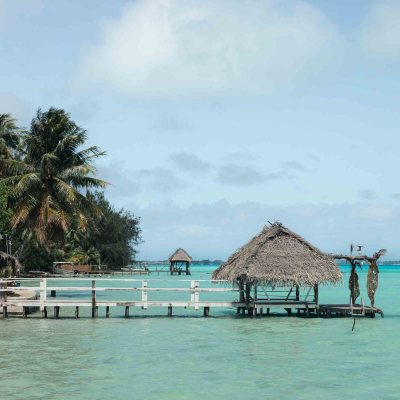 Thatched huts on a pier overlooking a turquoise sea with palm trees.